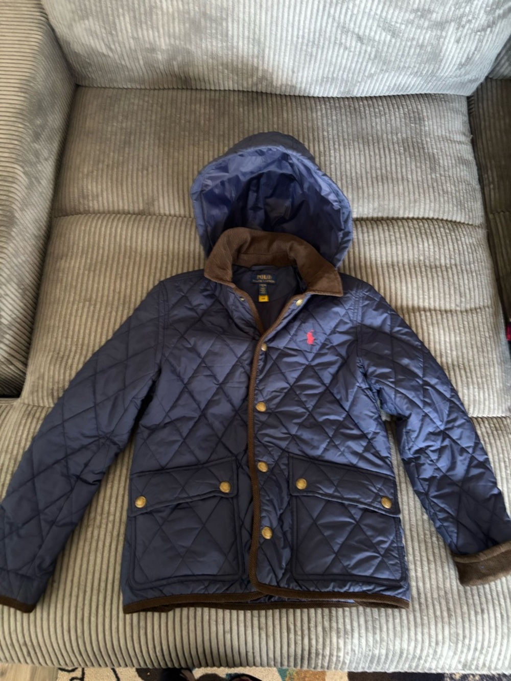 Ralph Lauren Navy Puffer Jacket with Brown Corduroy Trim